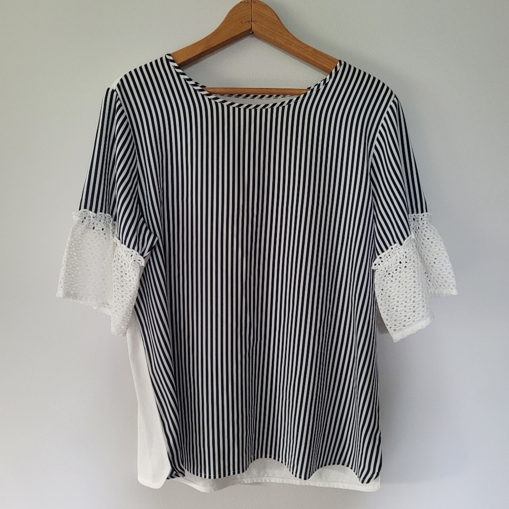 Boho Van Heusen Navy & White stripe lace sleeved top, M